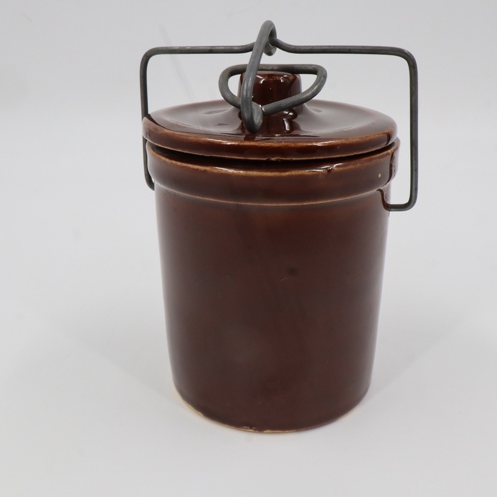 Stoneware Crock Jar Unisex 5in Brown Glazed Wire Bale Lid Vintage